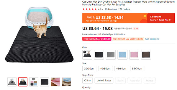 The cat litter mat product page on AliExpress